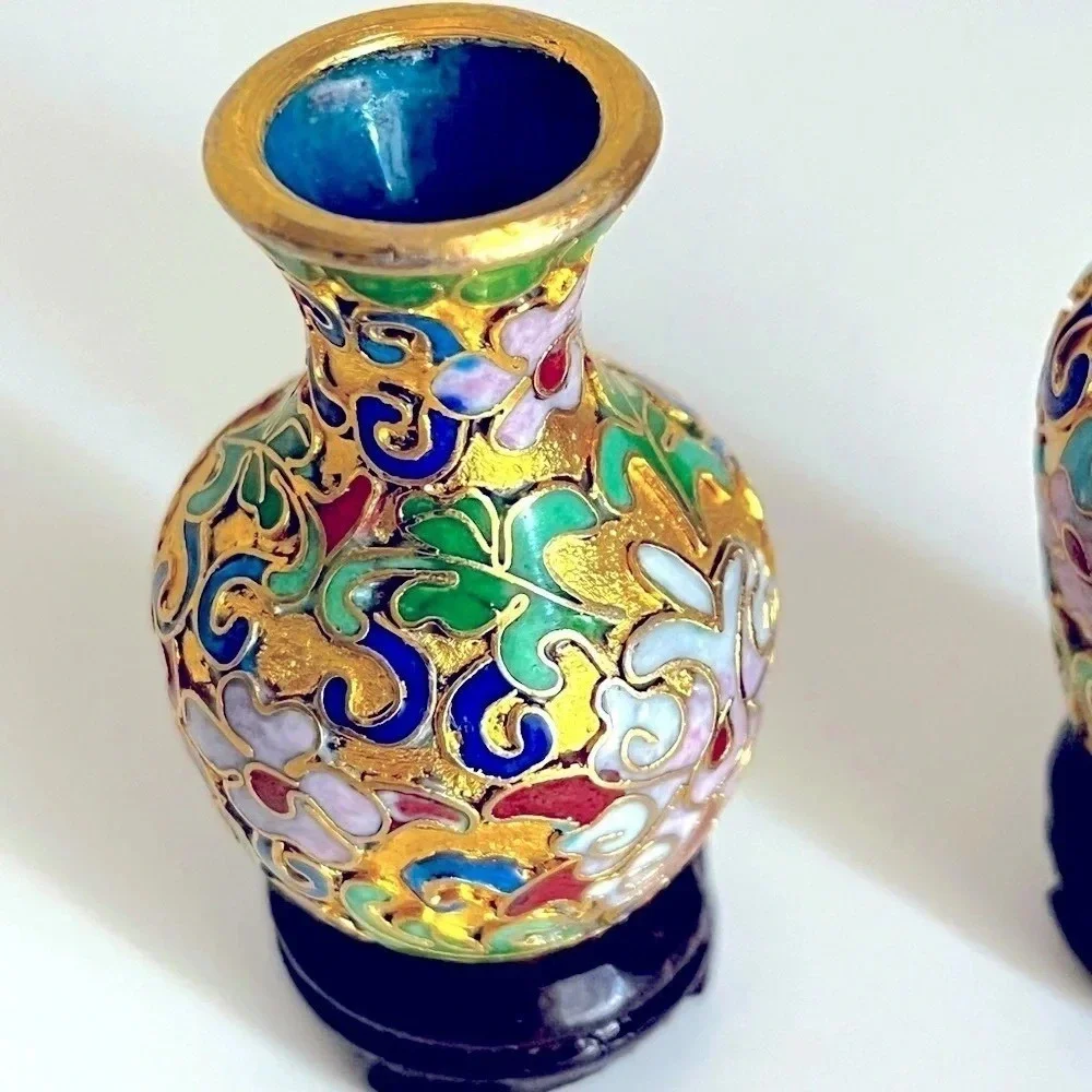 Vintage Cloisonne Style Mini Vases Bases Gold Tone Floral Decorative Collectible - Picture 6 of 11